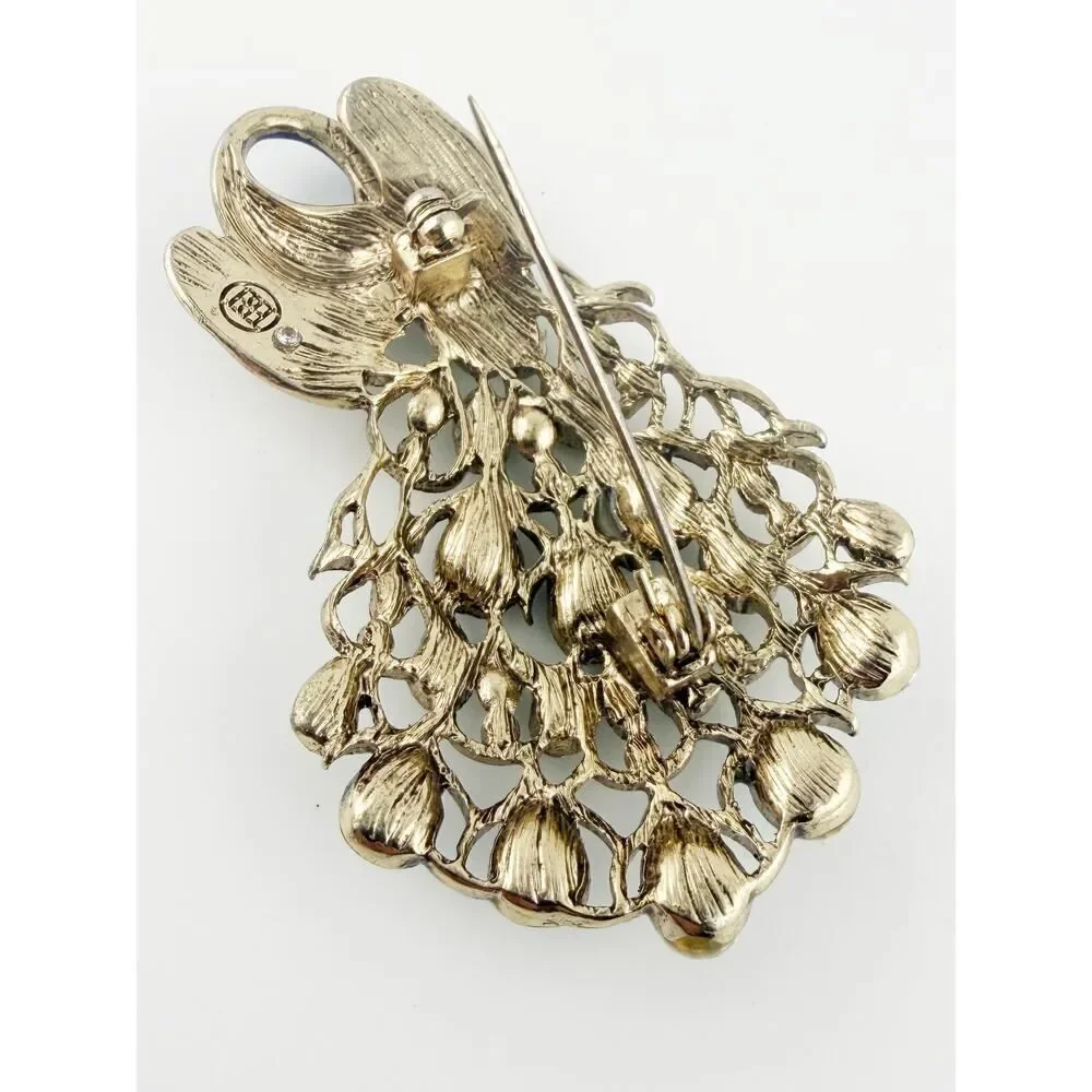 Dana Buchman Signed Peacock Brooch Blue Green Crystal Enamel Statement Pin